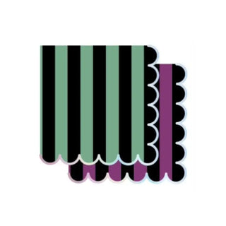 Two pieces of Paper Source's Green & Purple Striped Cocktail Napkins feature scalloped edges and black accents, perfect for a spooky setting, stacked against a white background.