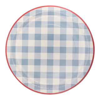 Round paper plate with a HAMPTONS CHAMBRAY GINGHAM design and a red rim, isolated on a transparent background by My Mind's Eye.