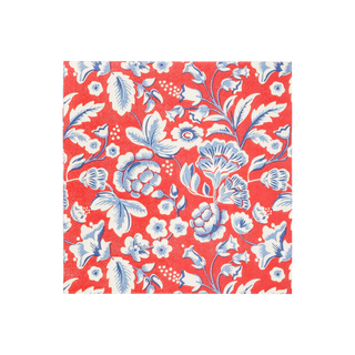 Red fabric with elaborate white and blue floral patterns, featuring large daisies and flowing leaves on My Mind's Eye Hamptons Floral Paper Cocktail Napkins.