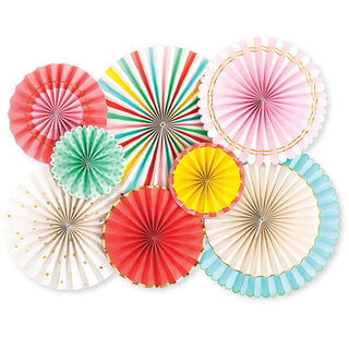 Colorful HIP HIP HOORAY PARTY FANS in various sizes and patterns arranged in a cluster against a white background from My Mind's Eye.