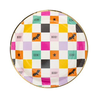 Introducing the Halloween Checkerboard Plate by My Mind’s Eye! These round paper plates feature a lively checkered pattern adorned with bats, stars, and the words "BOO!" and "EEK!" in a mix of pastel and bold colors. Perfect for adding a spooktacular touch to your Halloween celebration!