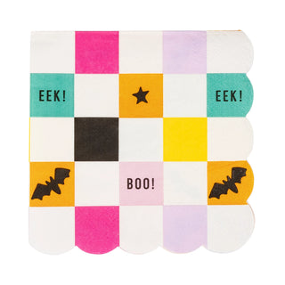 Introducing the Halloween Checkerboard Scallop Cocktail Napkin by My Mind’s Eye! This napkin features vibrant squares adorned with Halloween-themed prints such as "EEK!", "BOO!", stars, and bat silhouettes, all arranged in a lively checkerboard pattern. It's the perfect addition to your Halloween party supplies!