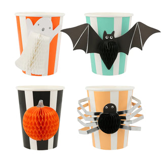 Halloween Honeycomb CupsWhy have plain party cups when you can have striking stripes and spine-tingling 3D embellishments? These fantastic cups are a terrific way to serve ghoulish drinks tMeri Meri