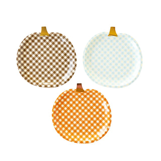 The Harvest Gingham Pumpkin Shaped Paper Plate Set by My Mind’s Eye includes three circular plates with handles, featuring brown, blue, and orange gingham patterns. They are perfect for Thanksgiving table decor or harvest party supplies.