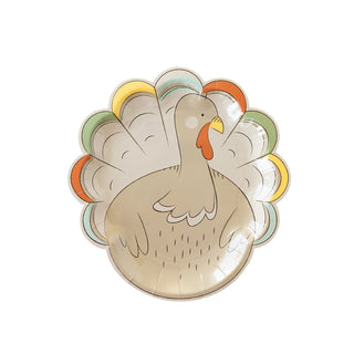 A festive, turkey-shaped paper plate with a cartoon illustration featuring colorful tail feathers from My Mind's Eye, perfect for the kids' table at Thanksgiving.