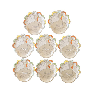 A set of nine Kids Table Harvest Turkey Shaped Paper Plates by My Mind’s Eye, featuring an illustration of colorful tail feathers, perfect for the Thanksgiving kids' table.