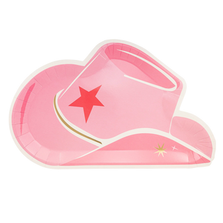 A pink cowgirl hat with a gold foil brim and red star design, depicted in a playful, cartoon-like style, isolated on a black background. The hat shaped paper plate from My Mind's Eye.
