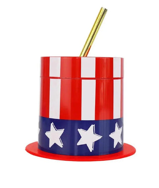 A patriotic Hats Off To The USA Sipper with a straw for sipping at USA parties by Packed Party.