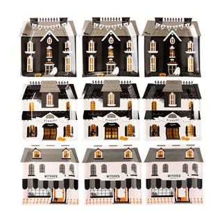 Nine Halloween-themed house-shaped gift boxes arranged in a grid. The boxes display different spooky features and designs, such as witches, bats, and decorative windows, perfectly complementing the Haunted House Shaped Plate Set by My Mind’s Eye for your Halloween party.