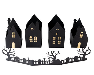 Haunted Village 3D Tabletop DecorEasily create a terrifying tablescape with this haunted village. Featuring 4 dimensional houses with gold foil accents and a frightful fence, this decor set will makMy Mind’s Eye