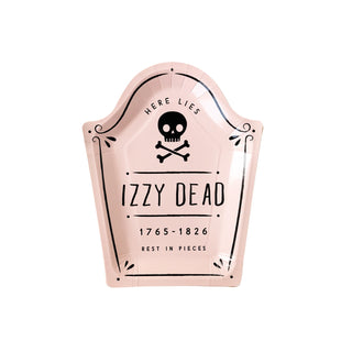 A unique pink and black sign that says "izzy dead" made by My Mind's Eye Tombstone Shaped Paper Plate Set.
