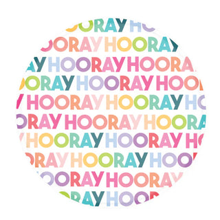 A playful typography pattern in a circular design featuring the word "HOORAY" repeated in various colors and orientations, perfect for decorating a Kailo Chic Hooray Rainbow Paper Plate at school lunches.