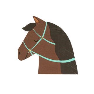 A brown horse with a turquoise bridle on a white background is featured on Meri Meri's Horse Napkins.