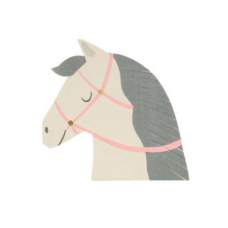 A Meri Meri horse head napkin with a pink bridle on a white background.
