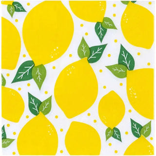 A vibrant pattern featuring stylized yellow lemon shapes with green leaves on a dotted white background, evoking a fresh, citrusy summer vibe. Perfect for strawberry lemonade-themed celebrations, these CR Gibson Lemons Cocktail Napkins are 3-Ply.