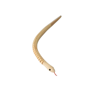 A segmented wooden snake toy with a beige body, black eyes, and a small red tongue sticking out, the Snake Catcher Wooden Snake by Pop! Party Supplies is perfect for party favors and customizable decorations.