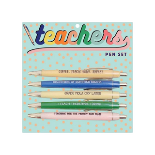 The Teachers Pen Set by Fun Club consists of five vibrant ballpoint ink pens set against a lively polka dot background. Each pen boasts a humorous, teacher-related phrase like "Coffee. Teach. Wine. Repeat." and "Teaching for the money and fame." Ideal for all your marking tasks, this set brings a touch of fun to any workspace.