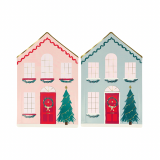 The Meri Meri Festive House Plates come as a charming set featuring two house shapes—one pink and one blue. Each plate includes intricate details like red doors, wreaths, and beautifully decorated evergreen trees, making them perfect additions to your winter holiday décor.