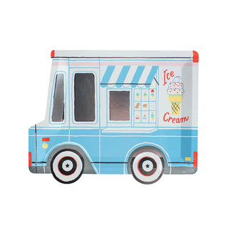 Description: The Ice Cream Dreams Large Plate by Daydream Society showcases a charming illustration of a blue and white ice cream truck adorned with vibrant details, such as a striped awning, images of ice cream cones, and the text "Ice Cream" on the side. Ideal for celebration decor, it is enhanced with holographic silver foil for an added touch of sparkle.