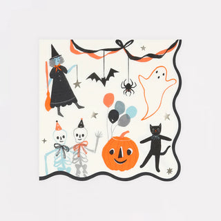 A festive illustration featuring Halloween-themed characters like a witch, ghost, bats, spider, skeletons, black cat, balloons, and a jack-o'-lantern on scalloped-edged paper that evokes the charm of Meri Meri's vintage-look "It's Halloween! Large Napkins.