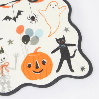 A decorative Halloween-themed mat with illustrations of a bat, spider, ghost, balloons, cat, pumpkin, and skeleton. Accentuated with stars and festive elements in black, orange, and white. Pair it perfectly alongside Meri Meri's "It's Halloween! Large Napkins" to complete your spooky setup.