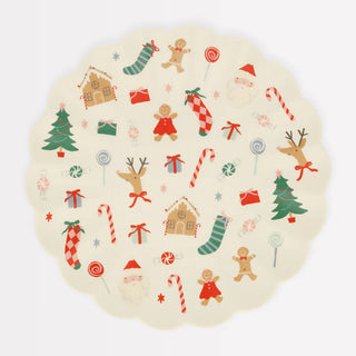 The Melamine Jolly Christmas Reusable Large Plate by Meri Meri features a circular illustration of festive decorations, including gingerbread men, Santa, reindeer, candy canes, gift boxes, and Christmas trees set against a cream background. It's ideal for bringing cheer to your holiday plate collection!