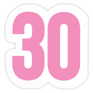 A bold, pink Slant Jumbo Shaped Napkin - 30, shaped like a napkin and centered on a white background with a distinct, rounded edge border, suggesting a milestone celebration such as a 30th birthday or indicating