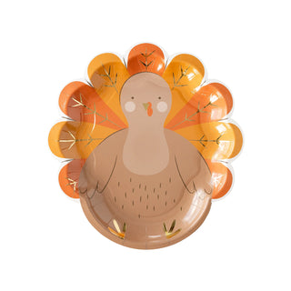 The My Mind’s Eye Kids Turkey Plate is a decorative dish designed to resemble a cartoon turkey with an orange and yellow feathered tail, perfect for adding a fun touch to your Thanksgiving table.