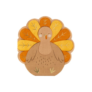 A charming cartoon illustration of a turkey, featuring a brown body and vibrant orange and yellow feathers, makes the Kids Turkey Napkin by My Mind’s Eye perfect for a delightful children's table setting.