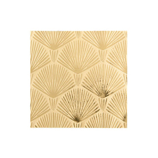 Add a touch of elegance to your party tableware with Jollity & Co's La Boheme Cocktail Napkins, featuring a square design and gold geometric fan-like shapes on a white background.