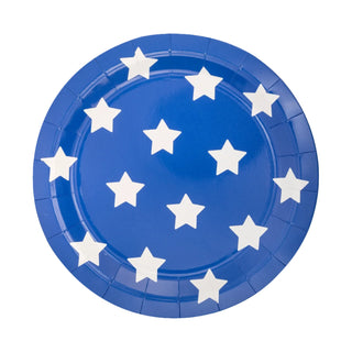 The Lady Liberty Blue Stars Paper Plate by My Mind’s Eye, adorned with white stars in a circular pattern, is ideal for infusing patriotic charm into any Fourth of July BBQ.