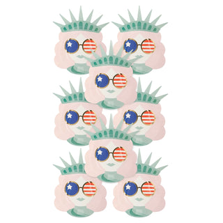 A pattern featuring stylized illustrations of Lady Liberty with alternating star-spangled sunnies, conveying a playful and patriotic theme perfect for parties can be found on the "Lady Liberty Shaped Paper Plate" by My Mind's Eye.