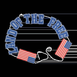 A patriotic design featuring the My Mind's Eye Land of the Free Banner with an American flag motif on a striped background, symbolizing patriotic spirit and national pride.