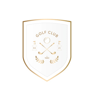 An elegant Le Golf Small Plates fashioned from eco-conscious materials features a shield with crossed golf clubs, laurel accents, and text that includes "golf club" and the year "1862", all in a sophisticated design by Bonjour Fête.