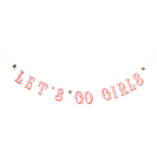 Pink lettered fringe Let's Go Girls Banner Set from My Mind’s Eye, with star decorations, against a white background.