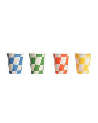 Four Little Chef Paper Party Cups by Pop! Party Supplies, each with a vibrant checkered design in different colors—blue, green, red, and yellow—are arranged in a row against a plain background. Made from sustainable FSC paper, these cups are both stylish and eco-friendly for your next gathering.