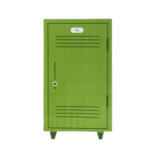 A green, metal Locker Shaped Napkin with ventilation slits and a lock mechanism, marked with the number "483," perfect for storing all your supplies for the back to school party by My Mind’s Eye.