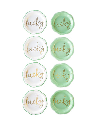 Set of six My Mind’s Eye Lucky Paper Plates with gold foil detailing perfect for St. Paddy's Day celebrations.
