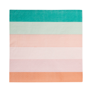 A set of five stacked Mermaid Stripes Cocktail Napkins by My Mind’s Eye in different colors: green, light green, peach, light pink, and orange—perfect for a mermaid-themed event.