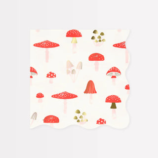 The Merry Mushrooms Large Napkins by Meri Meri are square with a scalloped edge and feature a festive pattern of various illustrated mushrooms in red, pink, and green shades on a white background, making them perfect for your Christmas meal.