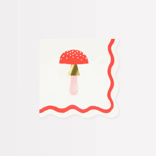 Illustration of a red and white mushroom on a white background, framed with a red wavy border that mimics the elegance of gold foil, as featured on Meri Meri's Merry Mushrooms Small Napkins.