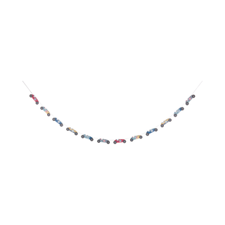 A delicate Miles Per Hour - Happy Birthday Banner Set featuring small, multicolored flowers arranged sequentially along a thin chain, perfect as a party accessory by My Mind’s Eye.