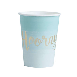 A Mint & Gold Foiled Hooray Paper Cup with the word "hooray" - perfect for a party! From Ginger Ray.