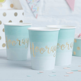 Three Ginger Ray Mint & Gold Foiled Hooray Paper Cups.