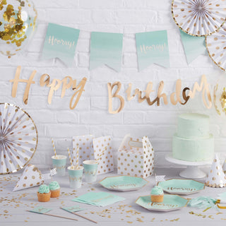 Mint & Gold Foiled Hooray Paper CupsA cute pack of mint green ombre Paper Cups - perfect for any party or celebration!
 
Each mint green cup has a gorgeous Hooray design which is foiled beautifully in Ginger Ray