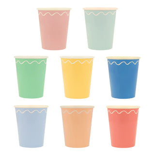 A set of Mixed Wavy Line Cups with a scalloped rim, perfect for a party table by Meri Meri.