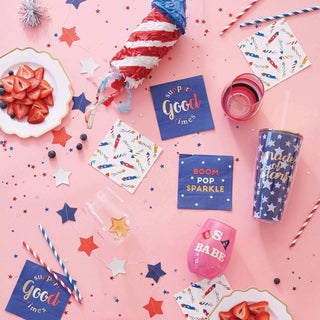 Boom Pop Sparkle NapkinsRed, White, and Boom! Kick off your 4th of July party with these festive gold foil napkins.
Size:5" sq / 20 ctCreative Brands