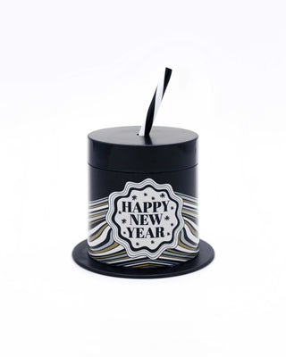 A black and white Packed Party Happy New Year jar with a New Year's Eve Top Hat Novelty Sipper.
