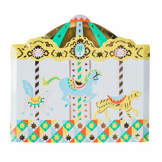 Illustration of a colorful carousel with a blue horse and a yellow tiger on a white and patterned background, perfect for Daydream Society's "Off to the Fair Large Plates" or circus party supplies.