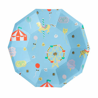 The "Off to the Fair Small Plates" by Daydream Society are delightful blue, carnival-themed octagonal paper dessert plates adorned with illustrations of a ferris wheel, carousel horse, circus tent, and various other whimsical decor—perfect for circus parties.